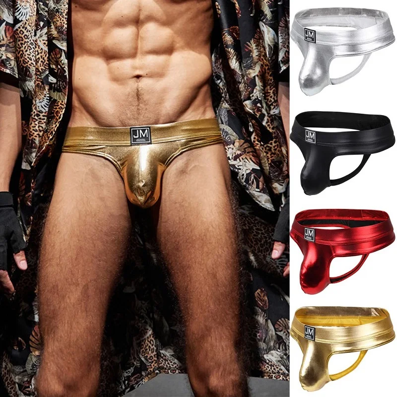 

JOCKMAIL Men's Briefs Sexy Underwear Contrast Color Low Waist Faux Leather Thong Panties Elastic Underpants Male Tanga Bikini