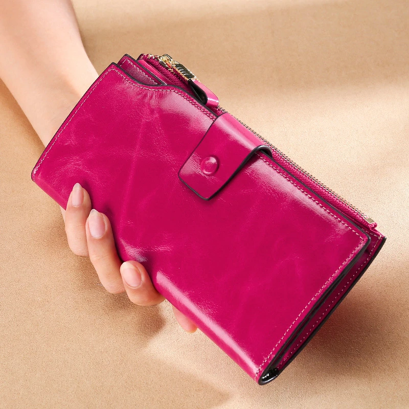 

Vintage Luxury Women Rose Pink Fashion RFID Blocking Wallets Genuine Leather Long Zipper Clutch Purse Large Card Holder Wallet