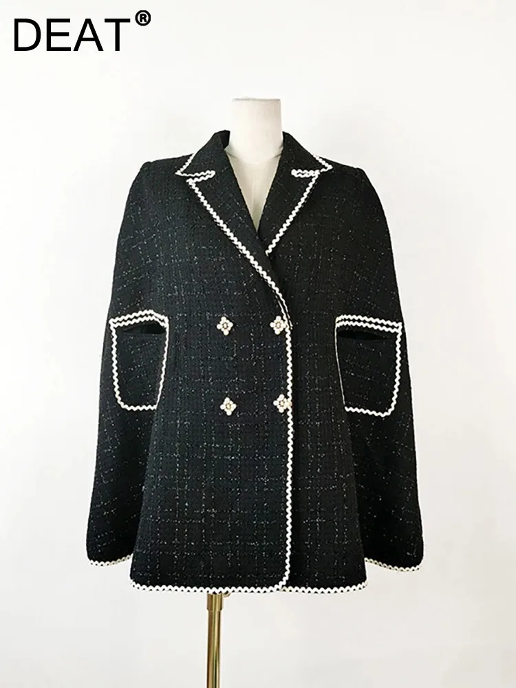 

DEAT Spring 2024 New Women's Tweed Coat Notched Collar Long Sleeve Plaid Double Breasted Loose Keep Warm Button Fashion 13DB3109