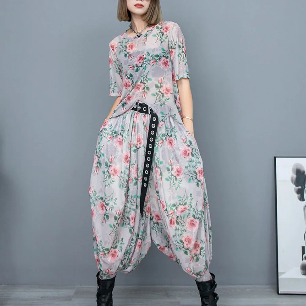 

Age Reducing Floral Mesh Fashion Pant Set Women 2024 Summer Irregular Cut Top + Crotch Pants Two-piece Set LX868