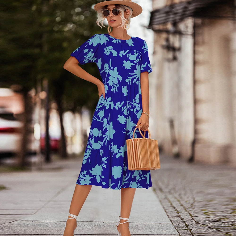 

Casual Floral Print Women Summer Dress Elegant Puff Short Sleeve O Neck Chiffon Dress Chic Ruffle Boho Beach Dresses With Pocket