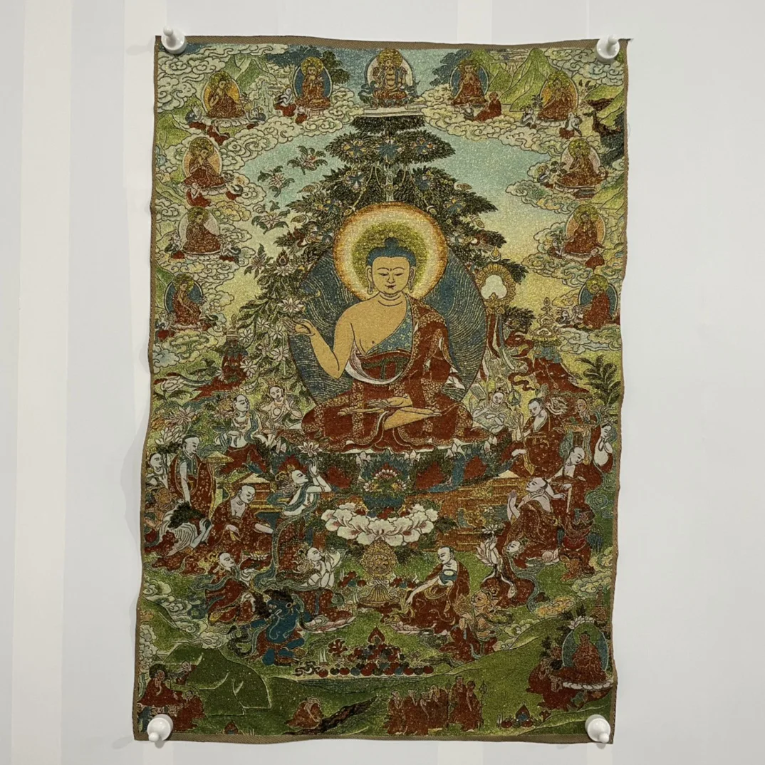 

35"Thangka Embroidery Tibetan Buddhism silk Embroidery Medicine Buddha Shakyamuni Thangka hanging screen Town house Exorcism