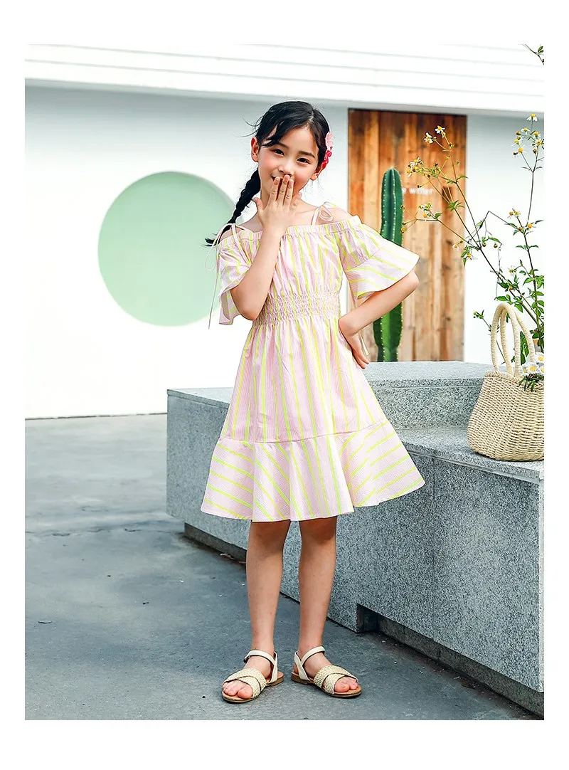 Summer Puff Sleeve Girls Suspender Dress 2022 New Teen Girls Pink Stripe Short Sleeve Princess Dresses Children's Clothes- S9b655e6d827d4f6d92431de033bb058aC
