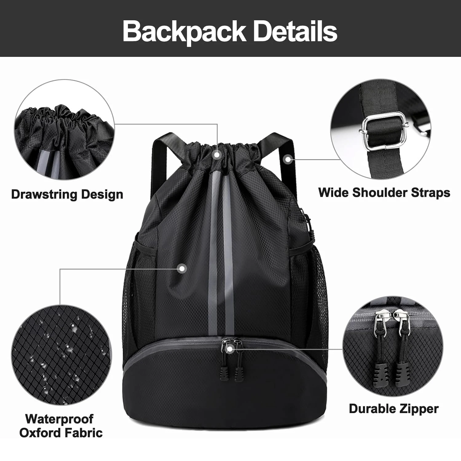 Sports Drawstring Backpack Bag with Shoes Compartment Wet Proof Pocket for Women Men Large Capacity String Swim Gym Sackpack Bag - Image 5