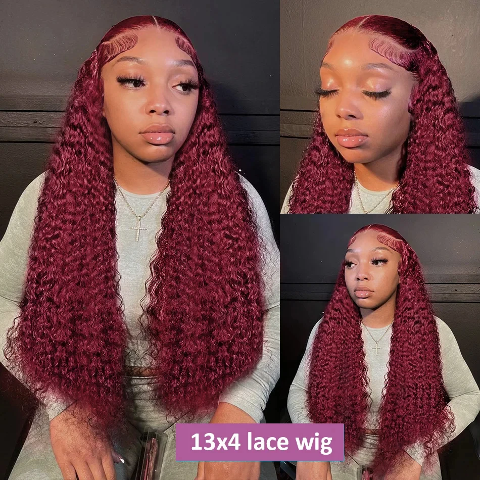 99J Burgandy Curly Lace Frontal Human Hair Wigs 13x6 HD Lace Front Wig Transparent 13x4 Deep Wave Human Hair Wigs
