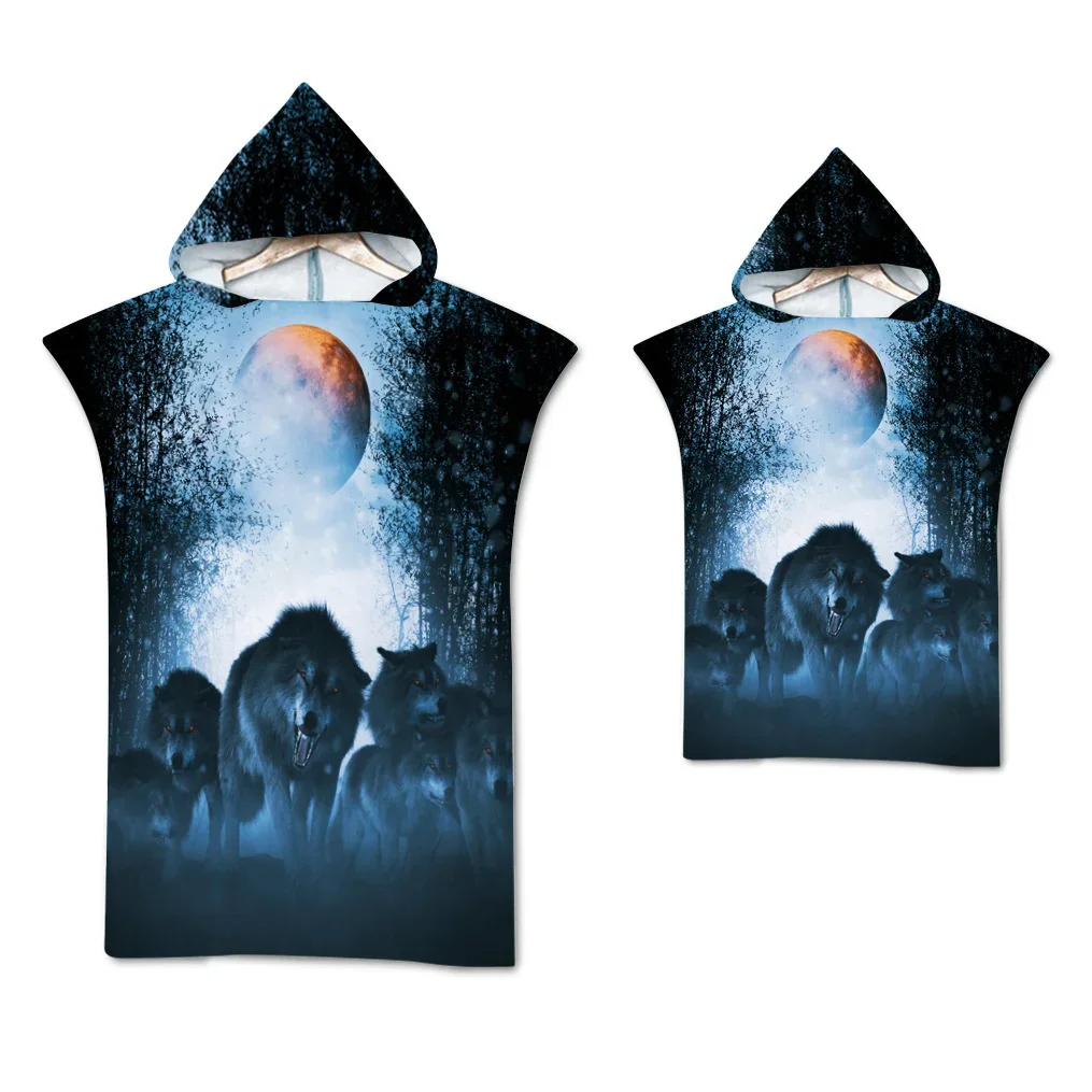 Wolf Large Beach Towel Bath Towel Quick Dry Towels Hooded Cloak Wetsuit Adult Child Parent-Child Poncho Bathrobe for Swim Surf