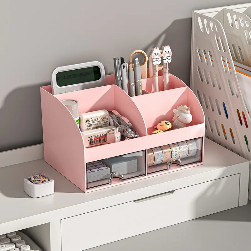

Home Office Desktop Stationery Storage Box 6 Compartments 2 Drawers Decorative Desk Organizer Dressing Table Makeup Storage Case