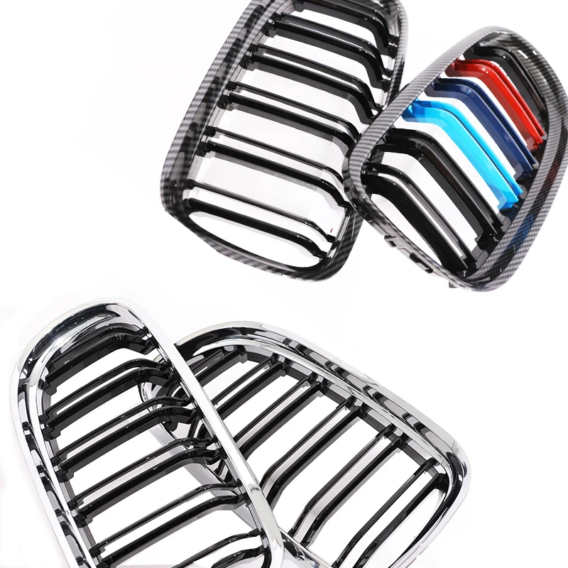 Carbon Fiber Print Grille Kidney Grill - Gloss Black & Chrome Silver Double Slat with M Color Accent