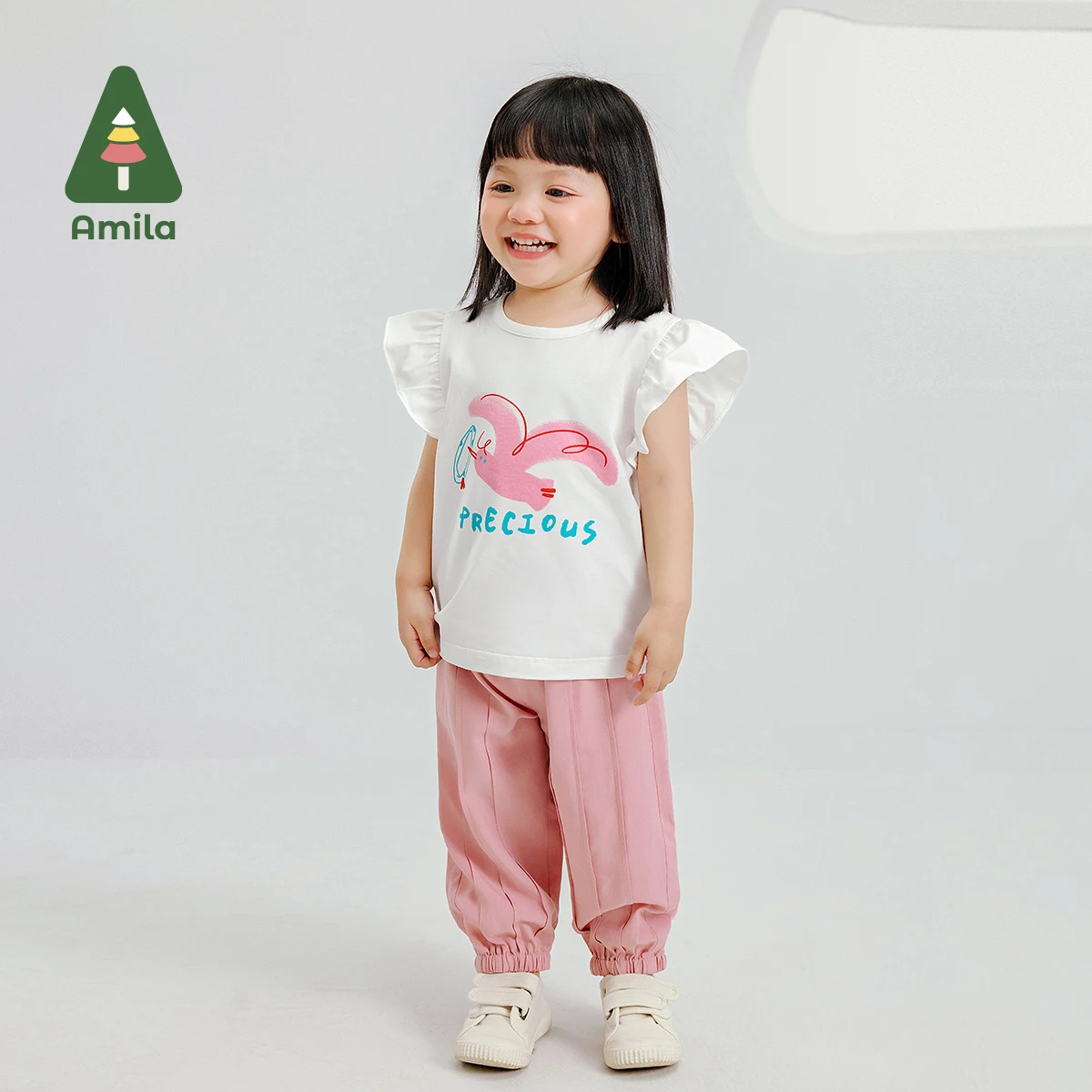 Amila Girls' Suit Summer New Small Sleeve Top With Clear Colored Leggings Quiet Boutique Cotton Two-Piece Set