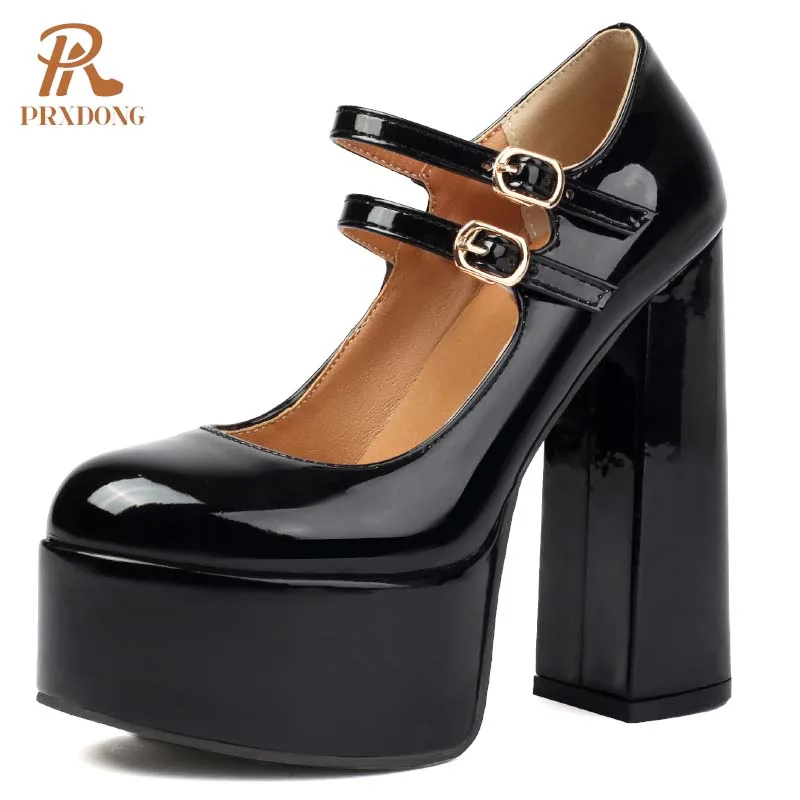 

PRXDONG New Brand Spring Summer Women Pumps Chunky High Heels Platform Black White Mary Janes Dress Party Wedding Lady Shoes 42