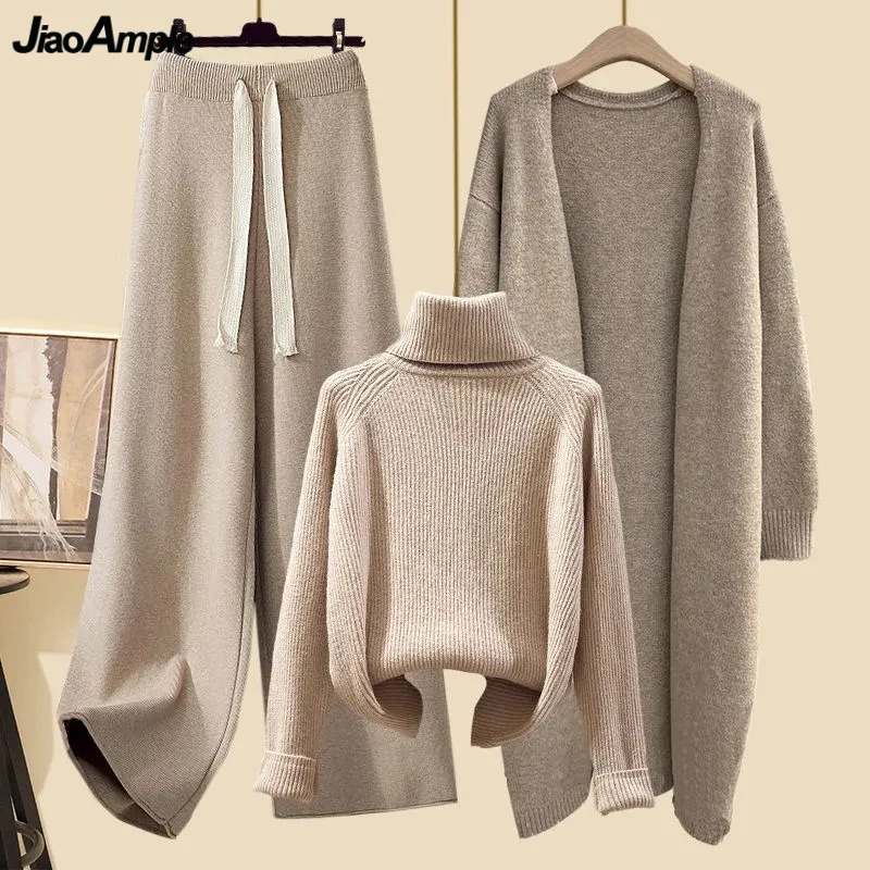 2023 New Knitwear Female Autumn Winter Casual Knit Long Cardigan Turtleneck Sweater Wide Leg Pants Three Piece Set Lady Outfits