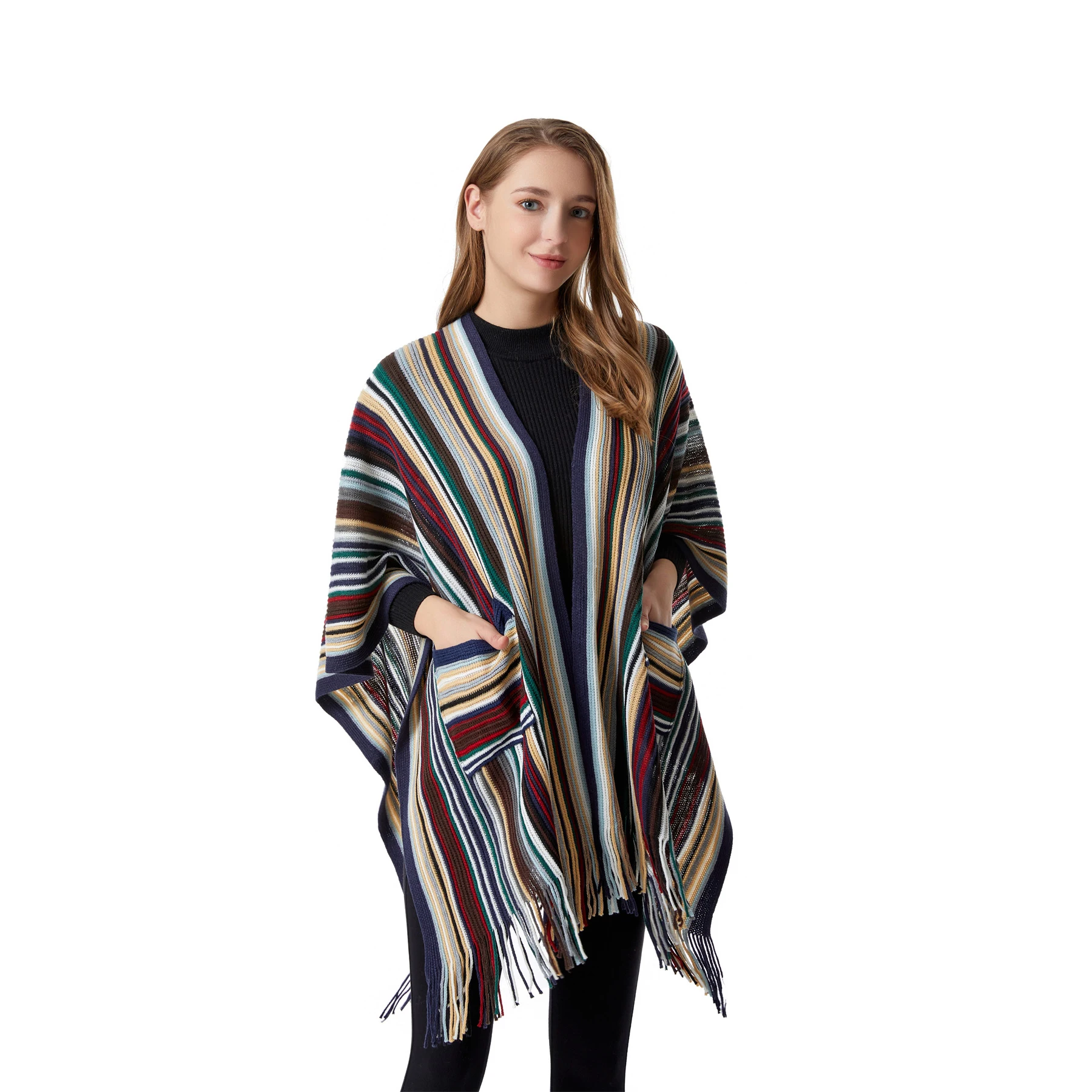 Women Spring Autumn Bohemia Shawl Lady Knitted Tassels Cardigan Coat Loose Woolen Yarn Wrap with Pocket Rainbow Stripe Manta