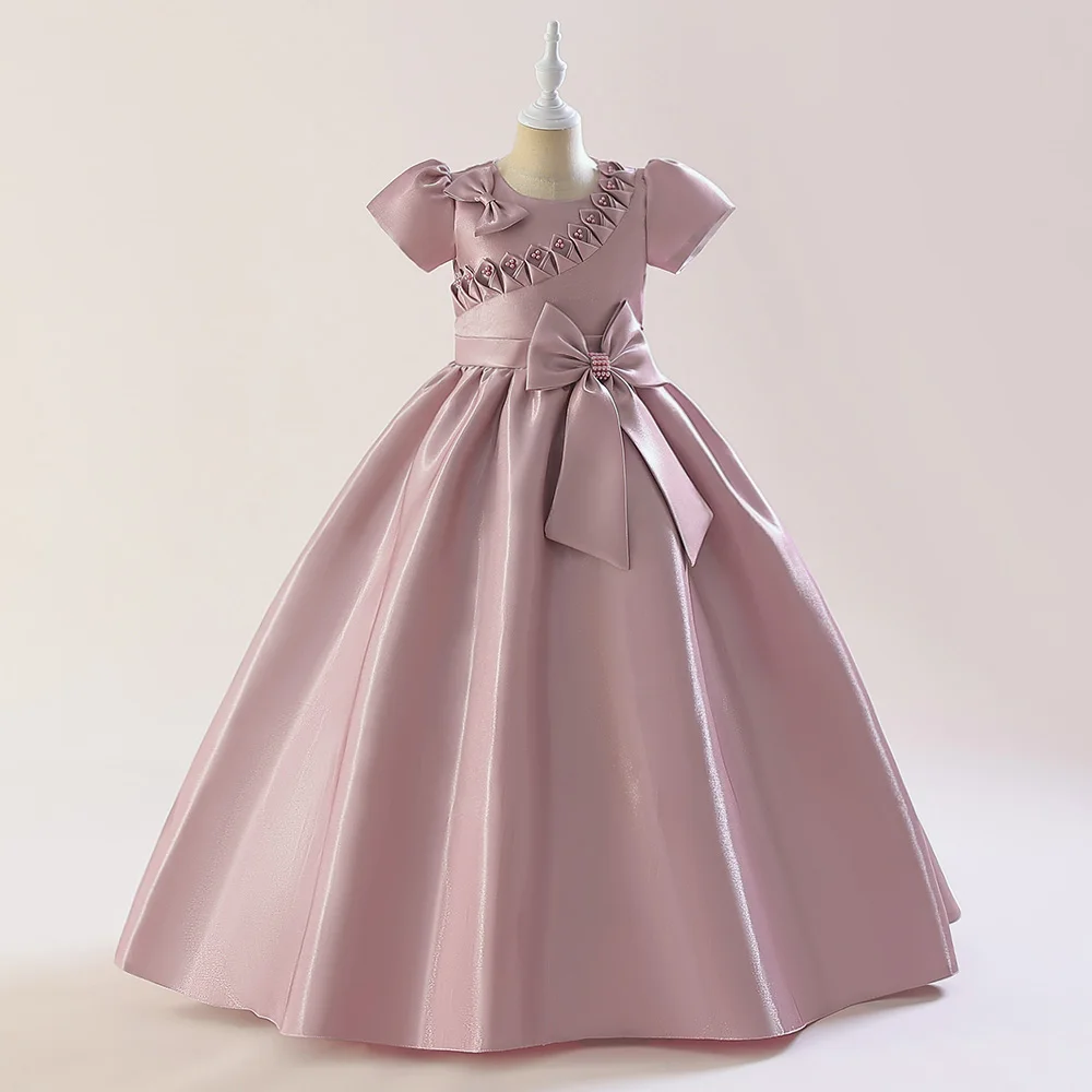 Teens Bridesmaid Bow Party Girls Dress Elegant Christmas Gown Short Sleeve  Princess Kids Dress for Girl Evening Birthday Vestido - AliExpress 1501
