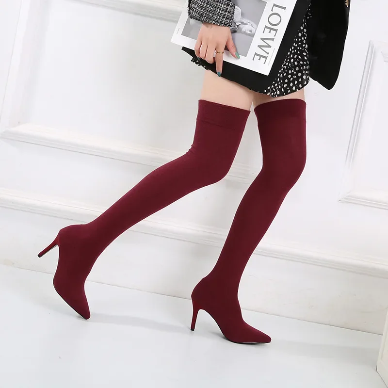 Autumn Winter Cozy Thigh High Sock Boots Women Black Stretch