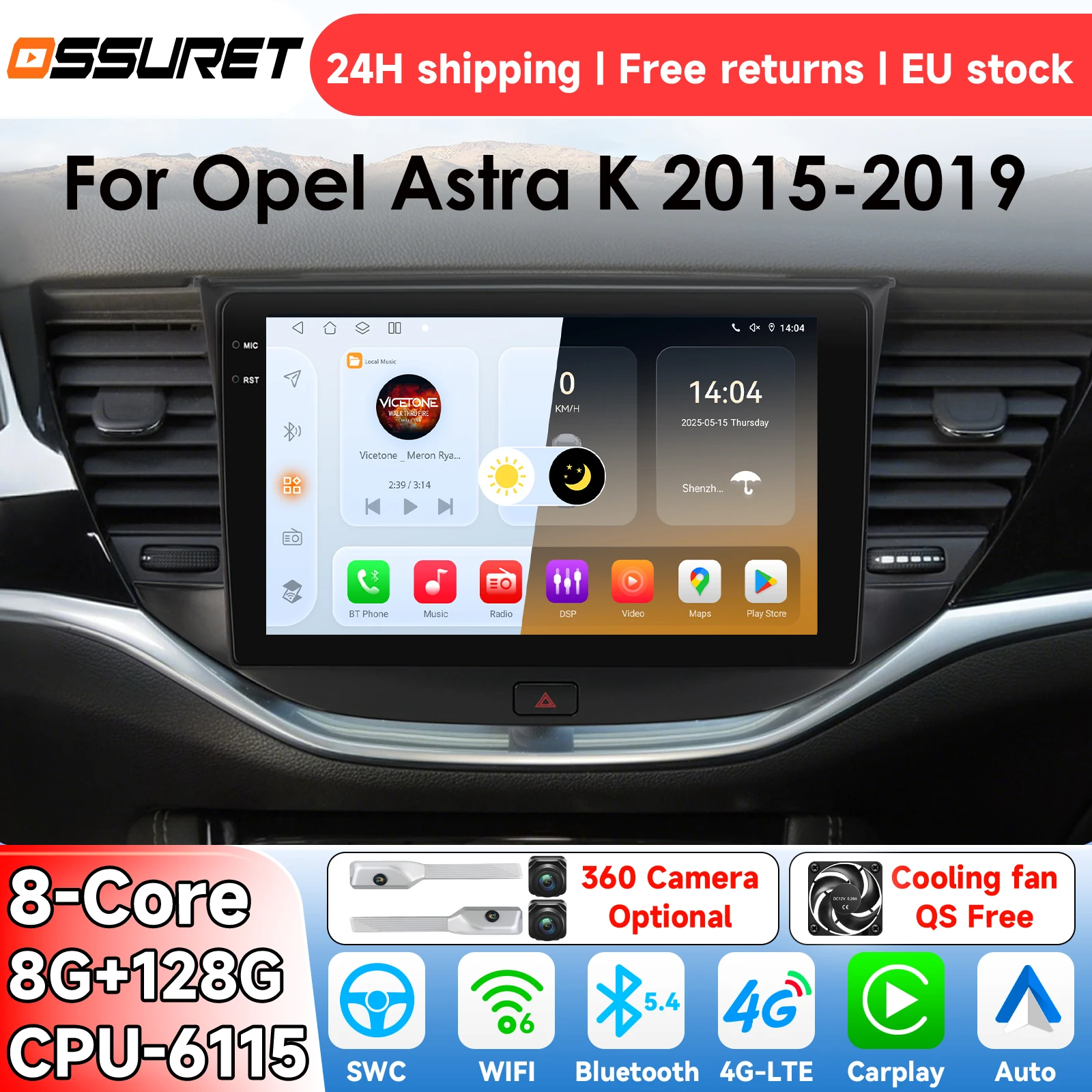 Radio para Auto OSSURET con Sistema Inteligente Android 14 para Opel Astra K 2015-2019, Reproductor Multimedia con Carplay, GPS, 4G, 6115 1