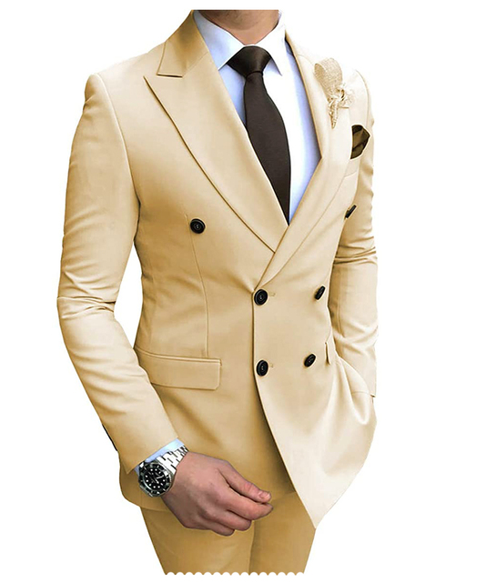 2024 New Beige Men's Suit 2 Pieces Double Breasted Notch Lapel Flat Slim Fit Casual Tuxedos For Wedding(Blazer+Pants) - champagne, S