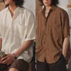 Men Casual Loose Hollow Out Short Sleeve Shirts with pockets Retro Fashion Vacation/Daily All-Match Tops Solid Color