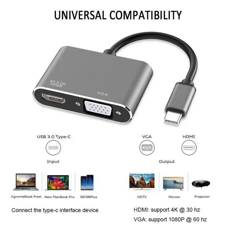 4K USB C Type C To HDMI-compatible VGA Adapter Audio Video Converter For Samsung Galaxy S10/S9/S8 Huawei Mate 20/P30 Pro