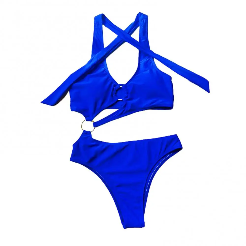 

Сексуальный комплект бикини, женский купальник, однотонный бюстгальтер с лямкой на шее, с вырезами, с круглым кольцом, трусы, купальник, женский купальный костюм, льник 2022 новинка