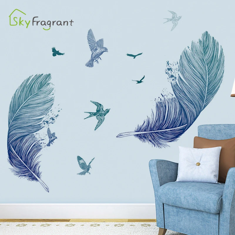 BlueFeathersWallStickersForLivingRoomsHomeBedroomWallDecor
