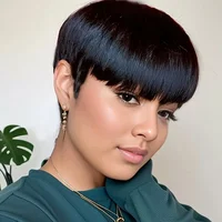 Perruque courte coupe pixie en cheveux humains pour femmes, perruques fabriquées à la machine avec frange, perruques brésiliennes en cheveux humains, perruques coupe pixie pas chères en promotion 1