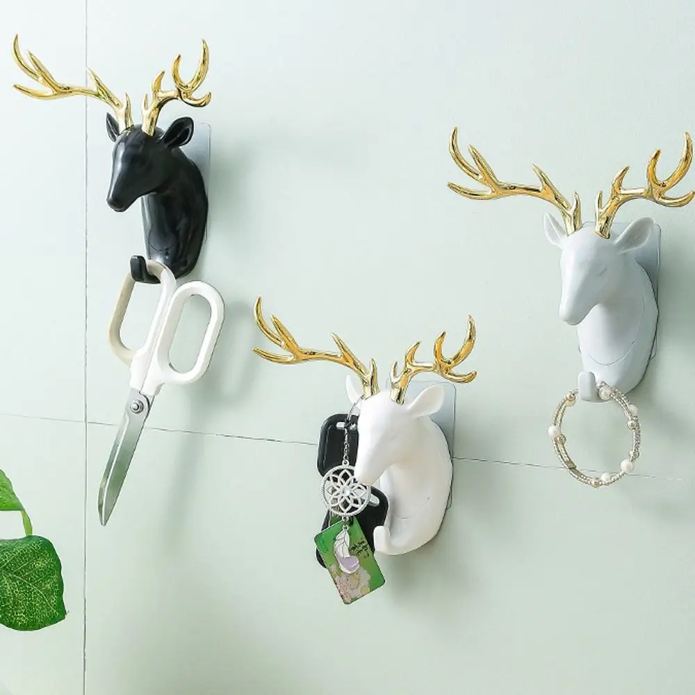 New ABS Deer Head Hanging Hook Animal Wall-Mounted Deer Antler Decoration Hook No-mark Installation Hat Key Hanger