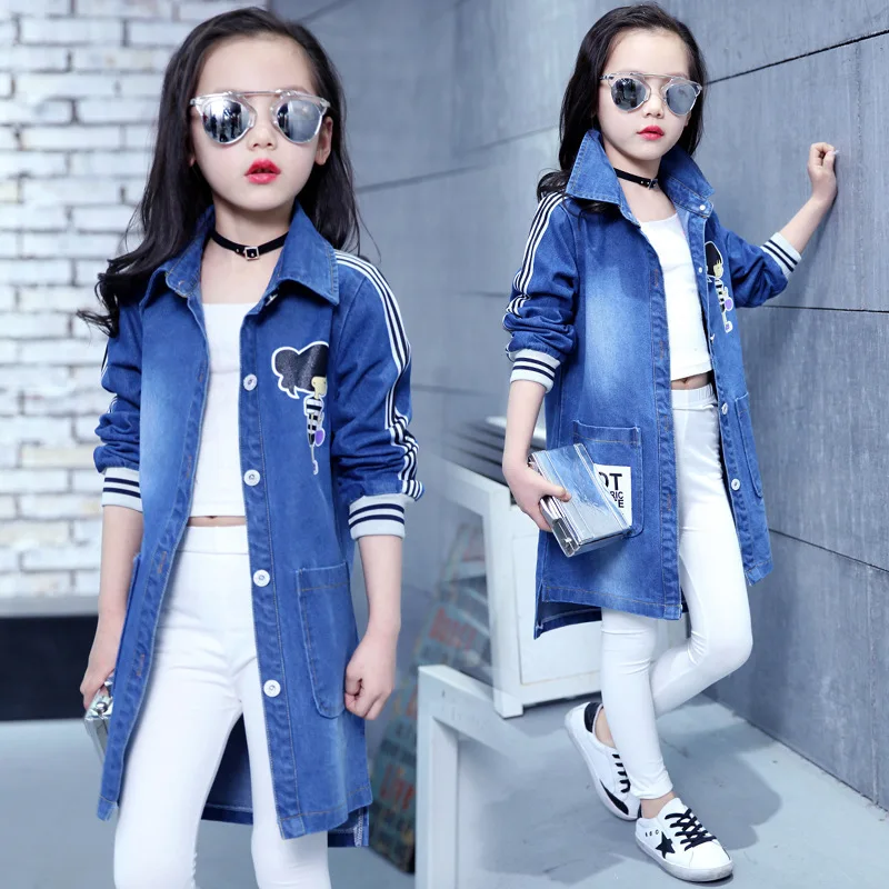 

Spring Clothing Jeans Coat for Girls Denim Jackets Cartoon Children Outerwear Kid Active Autumn Clothes Teenager Long Trench Top