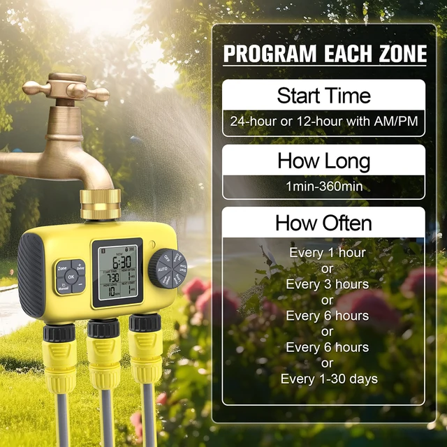 3-Outlet Automatic Water Timer Garden Irrigation Watering System Smart Independent Control Sprinkler Programmer Tools 4