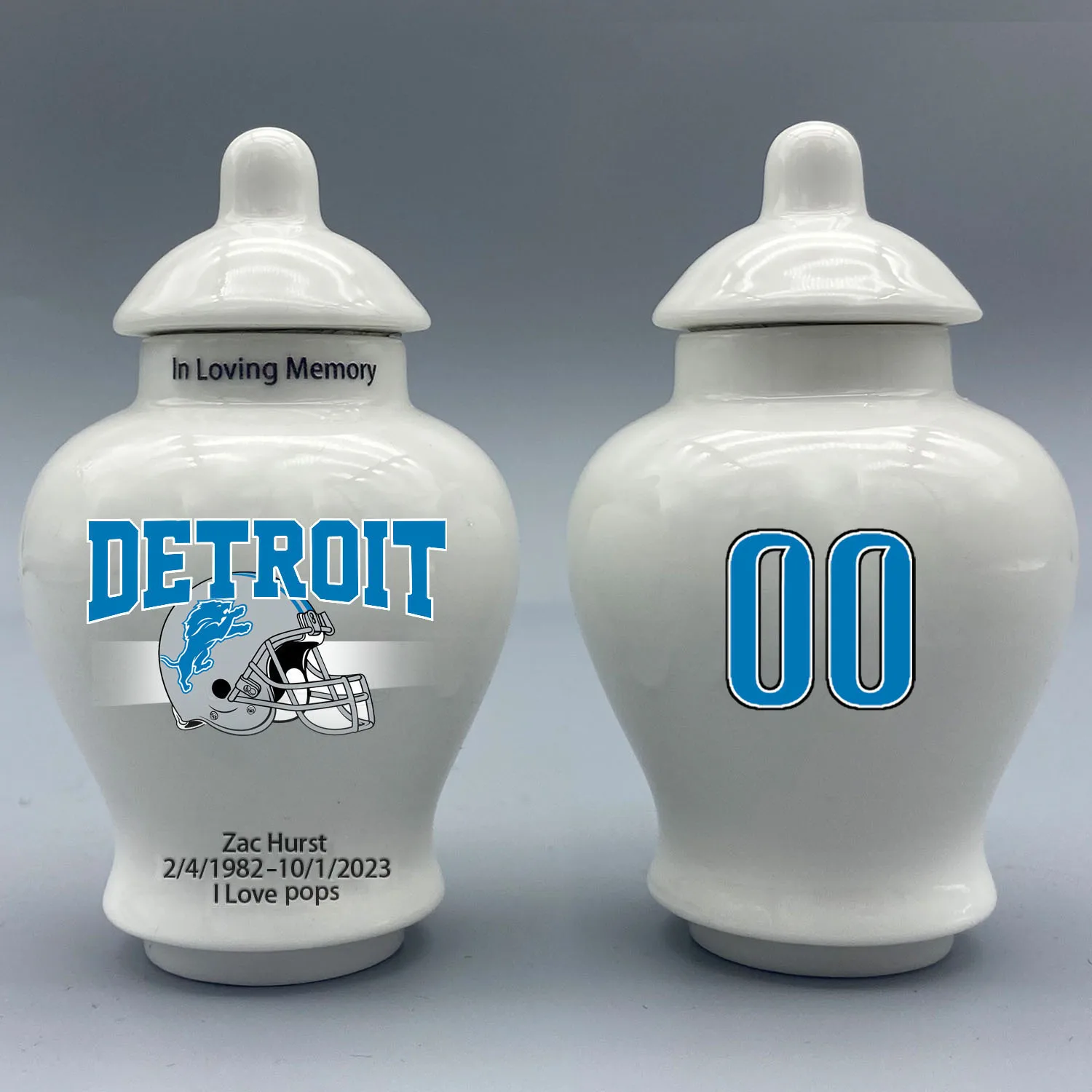 

Mini Urn for Detroit Lions-themed Logo Urn.Please send me the customization information - name/date and number on the urn!