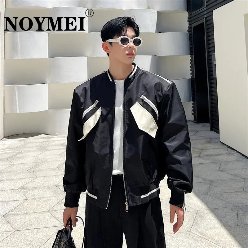 

NOYMEI 2024 New Contrast Color Fashionable Korean Style Men's Jacket Zipper Collarless Casual Patchwork Autumn Male Coat WA2785