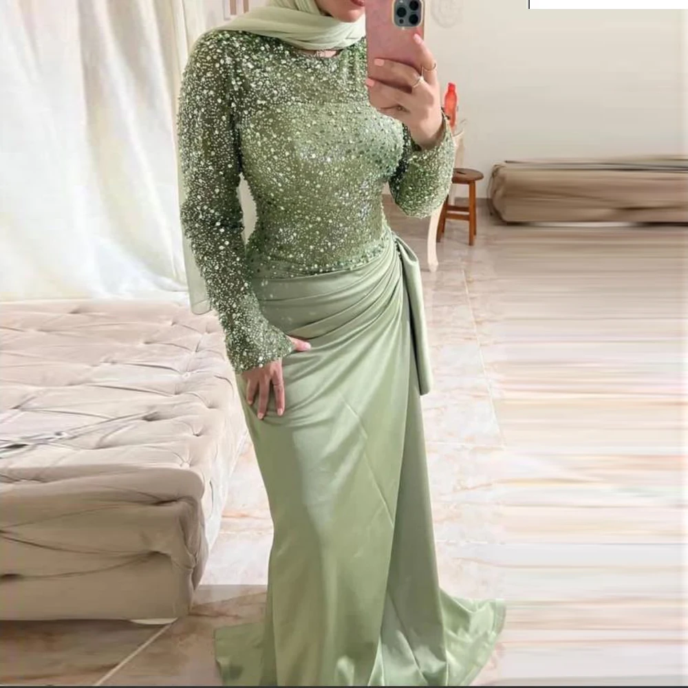 Evening Dress Full Sleeve Wedding Party Gown Sequin Draped Muslim Formal  Oufits | eBay