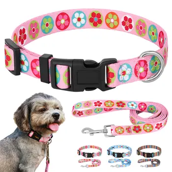 Nylon Cute Puppy Dog Collar Leash Set Adjustable Flower Cat Collars Walking Leashes For Small Medium Pets XS S M 1