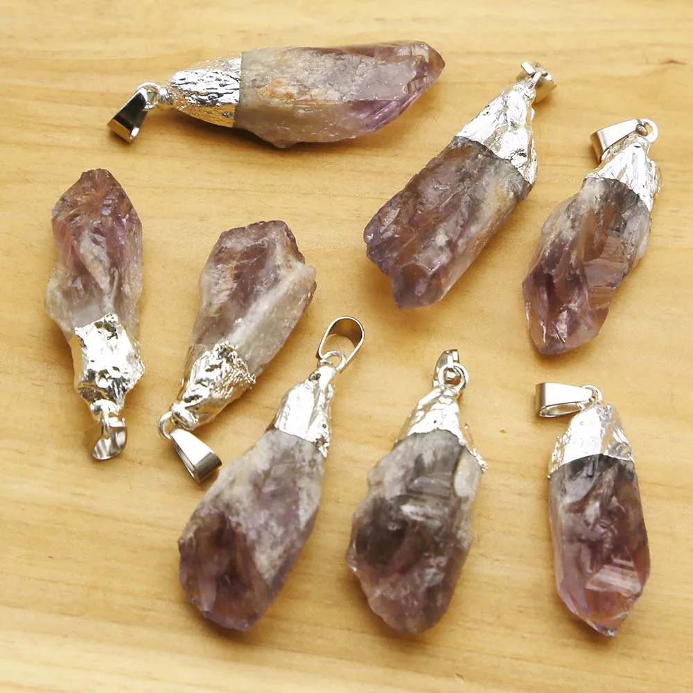 Natural Raw Ore Amethyst Silver Plated Irregular Pendant Necklace Healing Charms Fashion Jewelry Accessories Gift Wholesale 8Pcs