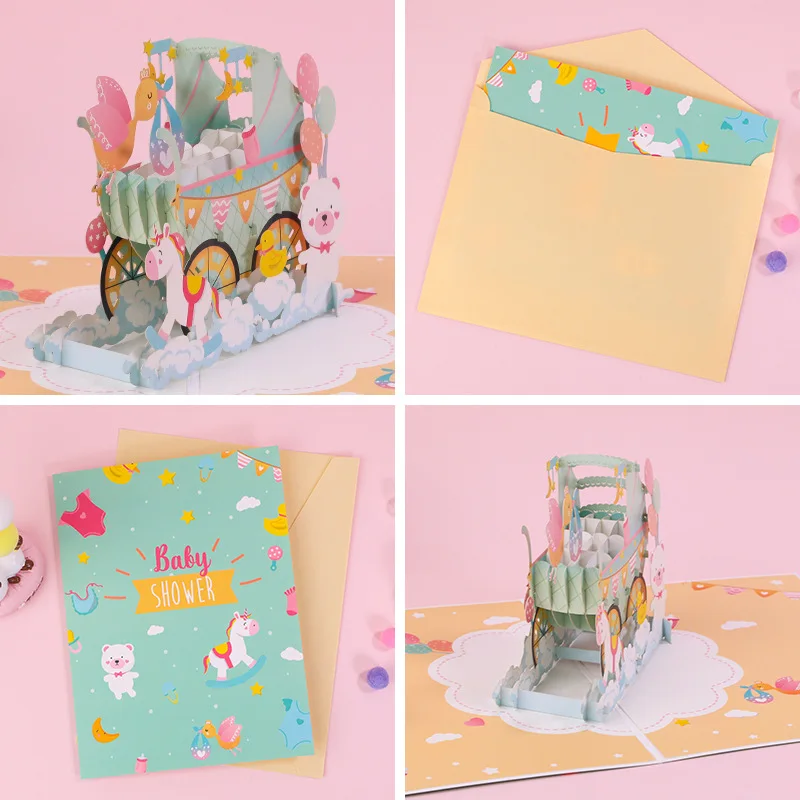 3D Pop Up Baby Shower Greeting Cards Birthday Thanks Card Cartoon Postcard Handmade Holidy Wishes Gifts To Baby Or Friend