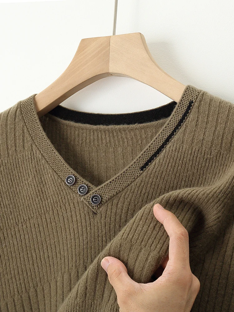 Autumn Winter New 100% Pure Wool Cashmere Sweater Men's V-neck Knitted Pullover Casual Solid Color Knitted Base Sweater Menswear 5