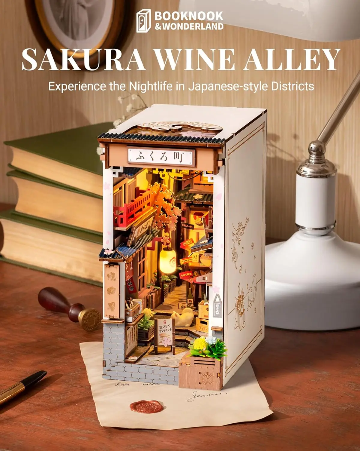 Robotime Sakura Wine Alley DIY Booknook with Lights DIY Miniature Dolls House Kit 3D Wooden Puzzle Bookend Bookshelf Decor Gift 2