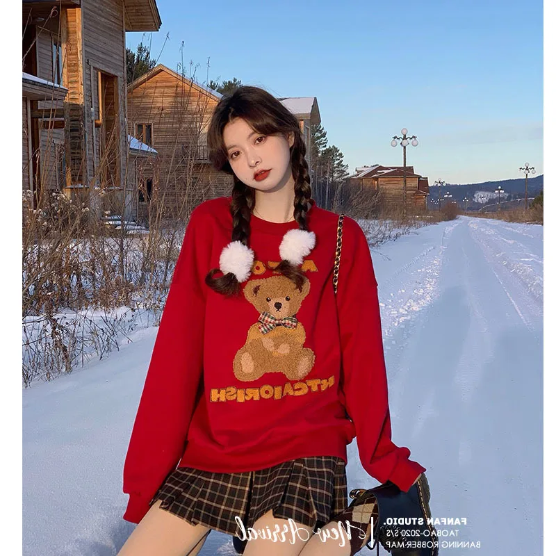 Hoodless Women Cute Teddy Bear Sweatshirt Vintage Red Thick Tracksuit 2023 Woman Spring Fall Kawaii Clothes Oversized Christmas