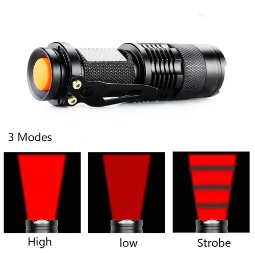 300 루멘 방수 랜턴, 줌 가능 LED 손전등, 레드 라이트 토치, 3 가지 모드 펜라이트, AA/14500 배터리용 휴대용 LED 조명, 7W 2