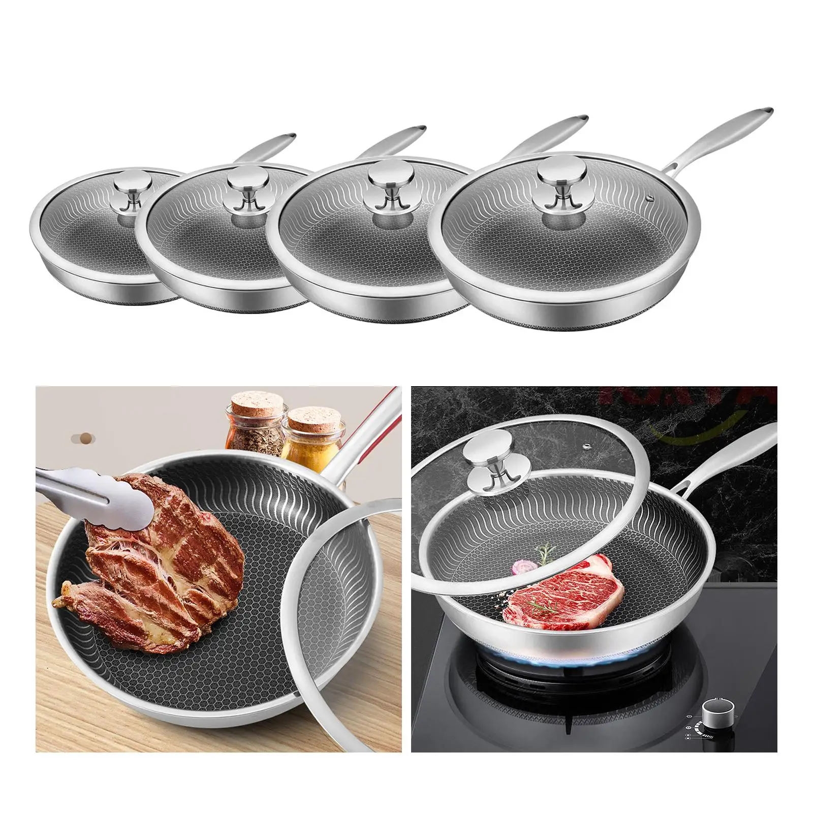 Stainless Steel Wok Pan with Lid Kitchen Utensils Easy to Assemble Cooker Electric Cooking Wok Cookware Stew Flat Bottom Skillet