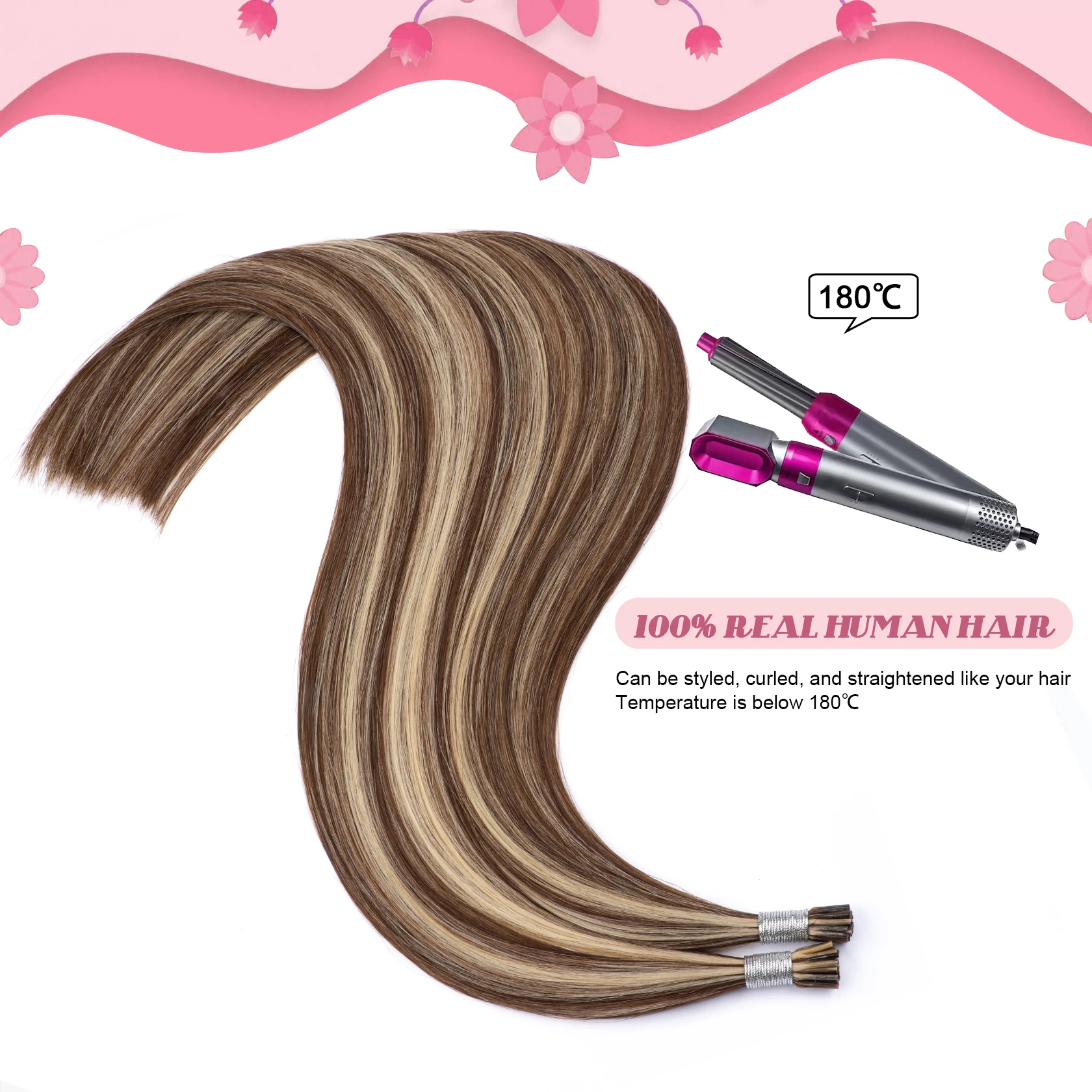 I Tip Hair Extension Straight Brown with Blonde Itips Microlink Human Hair #4/613 Ombre Highlights I Tip Real Human