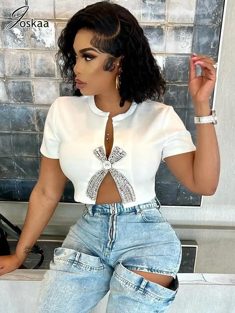 Joskaa Sexy Rhinestone Split T-Shirts Women Hipster Solid O