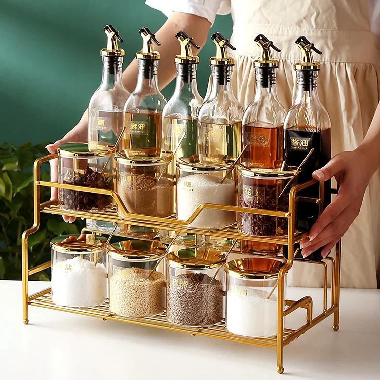 

Luxury Nordic Spice Rack Set Glass Salt and Sugar Pepper Oil and Vinegar Bottles Spice Rack Organizer Especiero Kitchen Tools 50