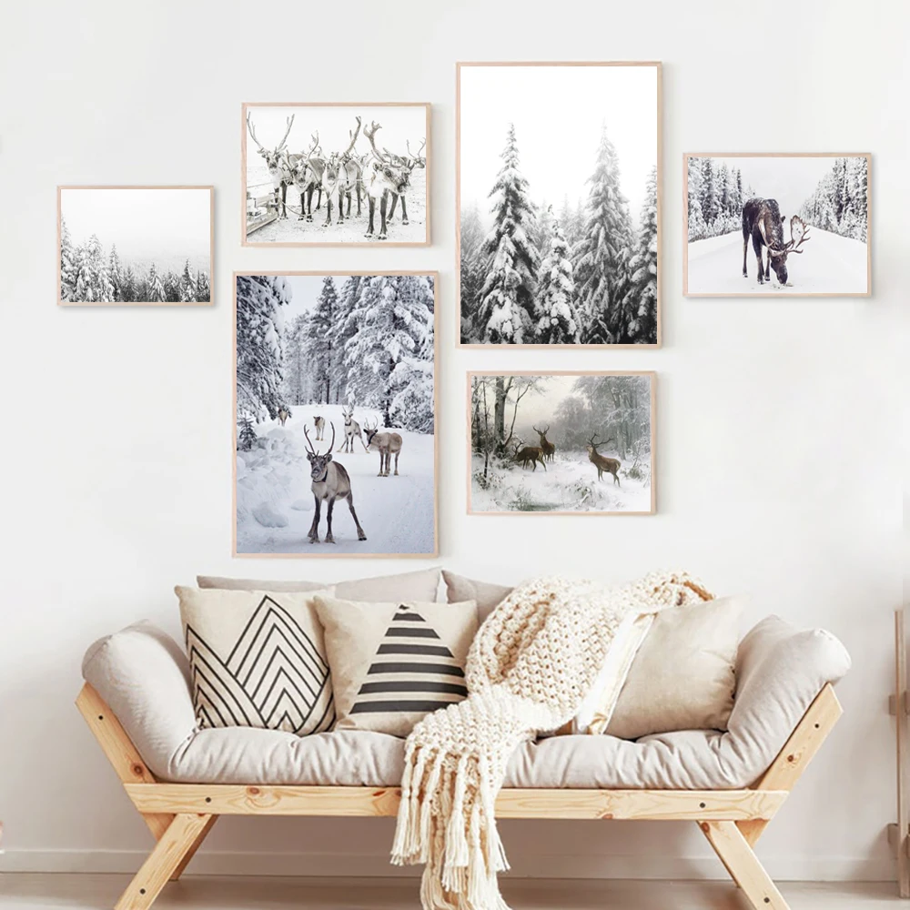 Modern Scandinavian Print Snow Trees Forest Poster Nature Winter Landscape Photography Art Canvas Painting Home Wall Art Decor