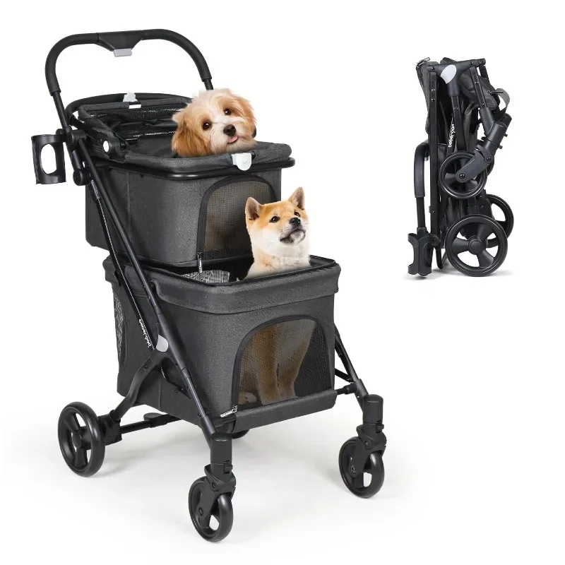T1 Double Pet Stroller for 2 Small Dogs or Cats Lightweight Foldable Double Dog Stroller with Detachable Carrier for Travel