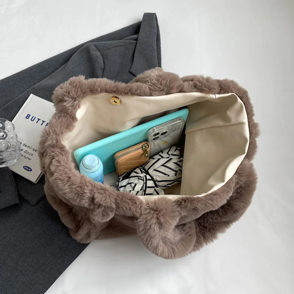 Women Fluffy Tote Bags Soft Plush Shoulder Bag Cute Faux Fur Hobo Bag Trendy Large Capacity Travel Work Bag