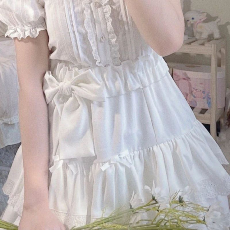 Summer Sweet Bow Lolita Cake Skirts Womens Kawai Lace Ruffles Pleated Skirt Girl Japan Elegant High Waist A-Line Y2k Short Skirt 4