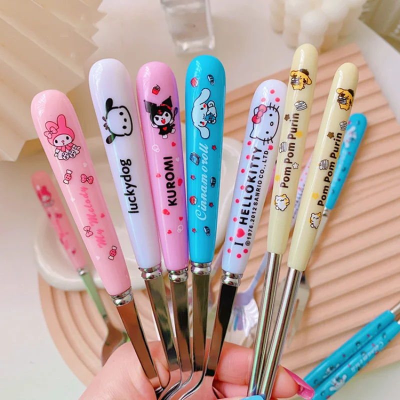 Miniso  Hello Kitty Kuromi Cinnamoroll Pachacco Anime Fork Spoon Travel Portable Cutlery Set Dinnerware Sets Kitchen Table
