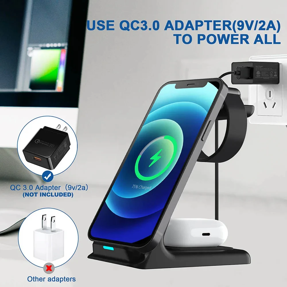 3 In 1 Wireless Charger Stand for iPhone 15 14 13 12 11 Pro max Apple Watch 9 8 7 Airpods Phone Holder 30W Fast Charging Station