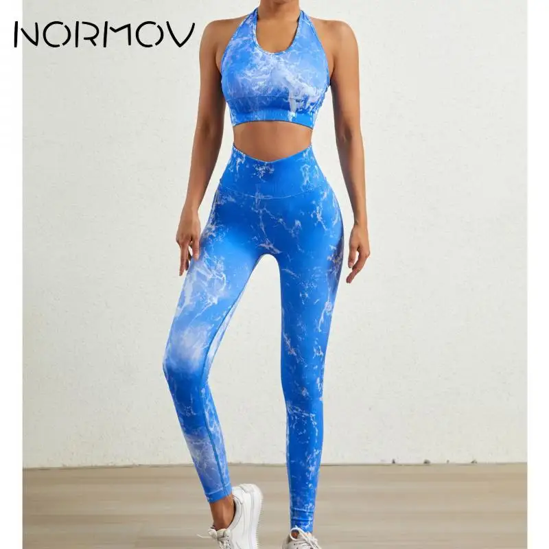 

NORMOV Seamless Womens Two Peice Sets Tie Dyeing Yoga Set Push Up Yoga Pants Women High Waist Workout Set Halter Tracksuit Woman