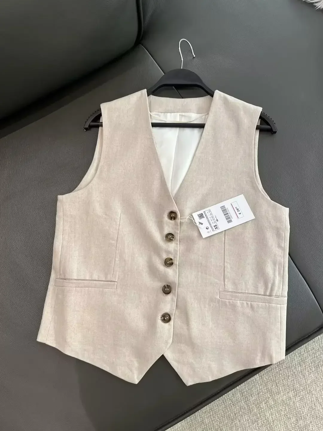 

Women New Fashion Pocket decoration Linen blend casual V Neck Vest Vintage Sleeveless Button-up Female Waistcoat Chic Tops